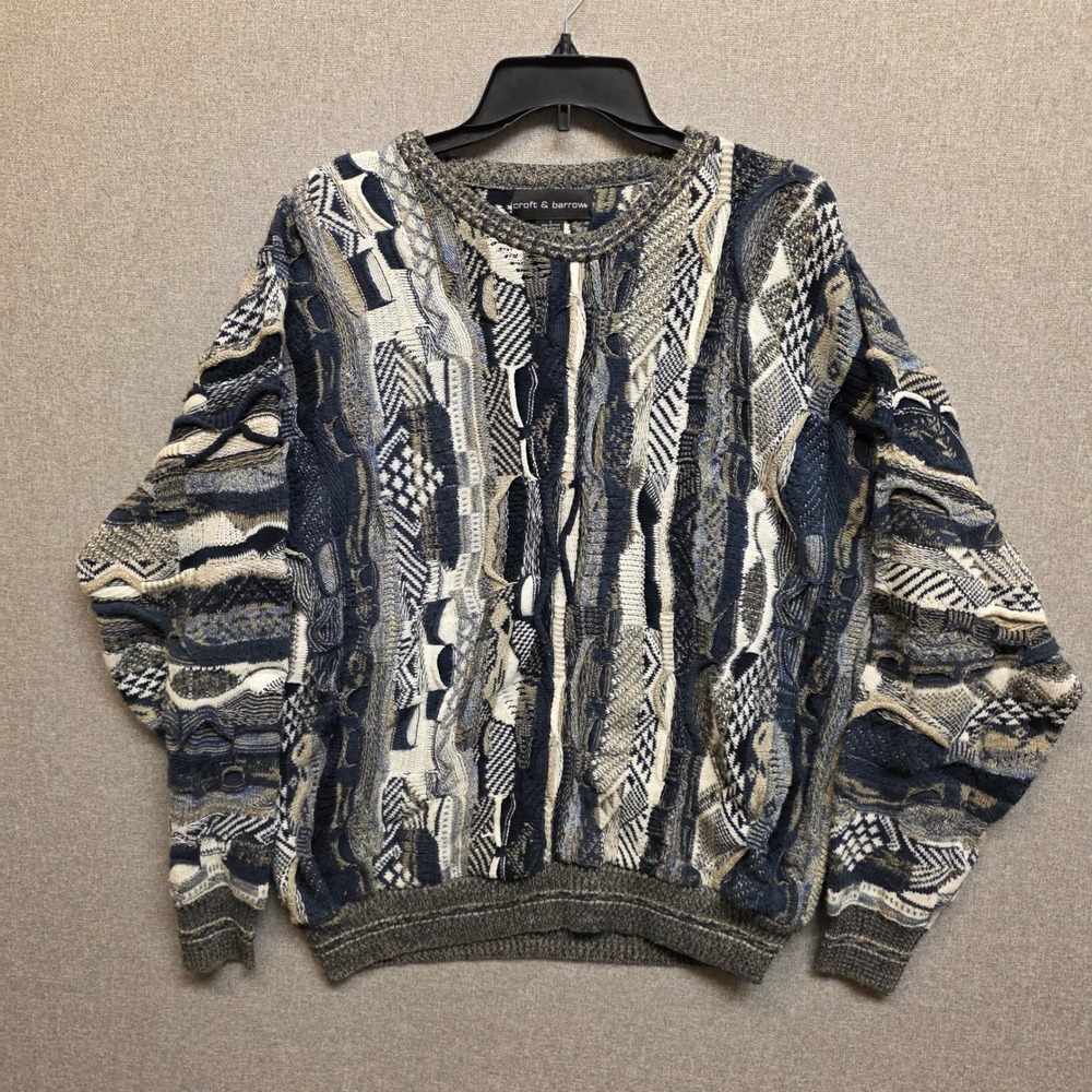 Vintage Croft & Barrow Mens L Blue Cream 3D Knit Sweater 90s Coogi Style